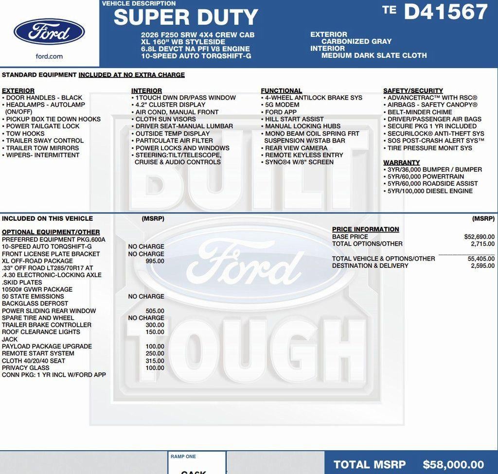 2026 Ford Super Duty F-250 SRW XL 4WD Crew Cab 6.75' Box