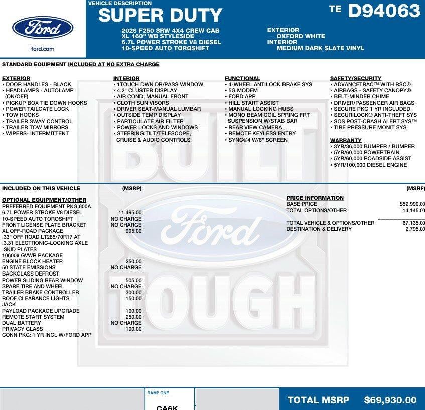 2026 Ford Super Duty F-250 SRW XL 4WD Crew Cab 6.75' Box