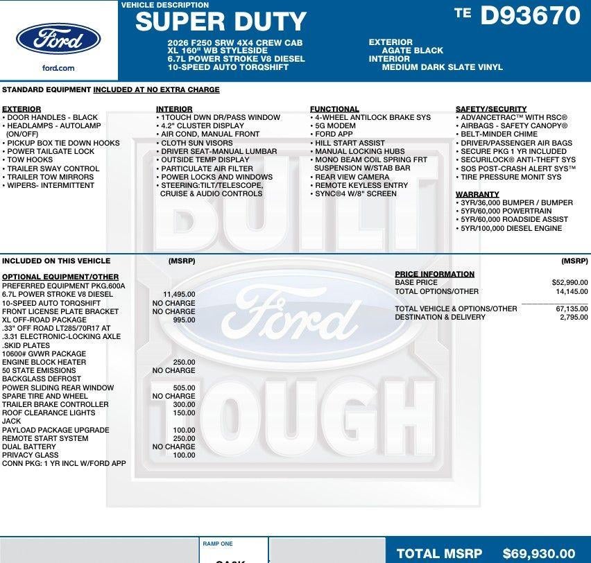 2026 Ford Super Duty F-250 SRW XL 4WD Crew Cab 6.75' Box