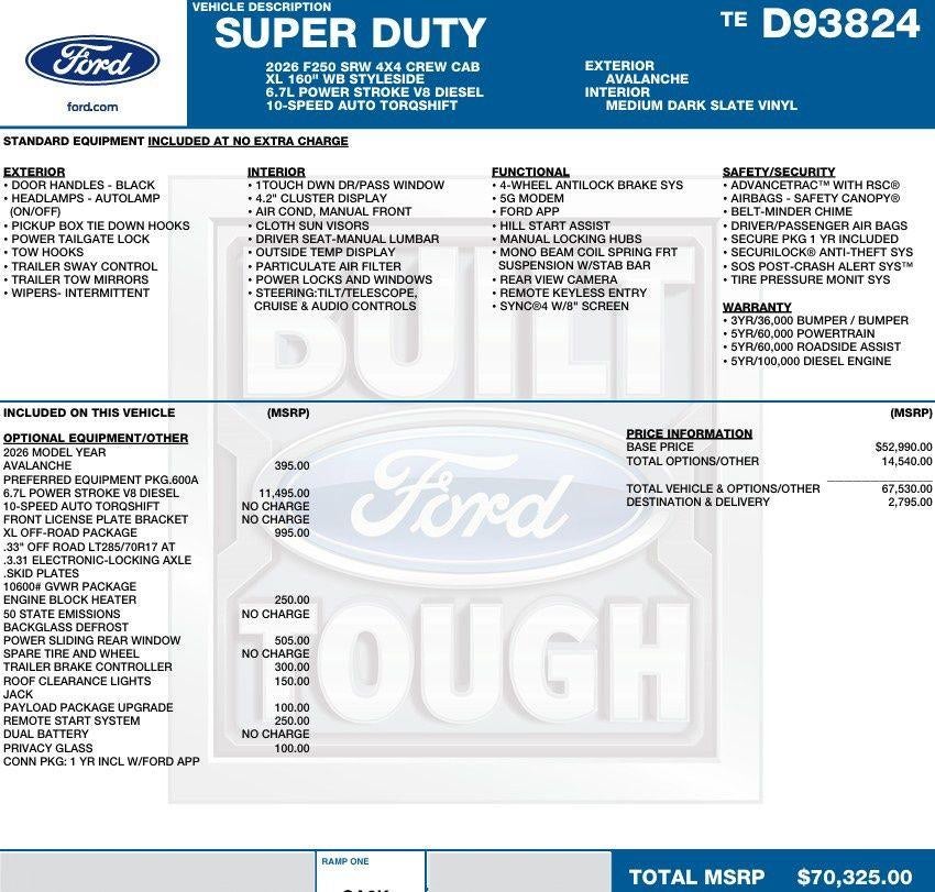 2026 Ford Super Duty F-250 SRW XL 4WD Crew Cab 6.75' Box