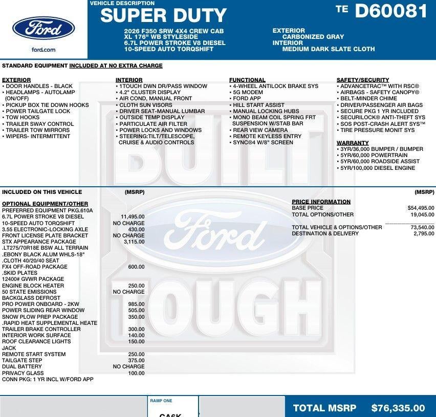 2026 Ford Super Duty F-350 SRW XL 4WD Crew Cab 8' Box