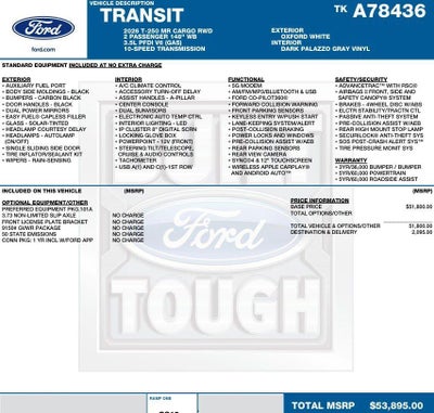 2026 Ford Transit Cargo Van T-250 148" Med Rf 9150 GVWR RWD