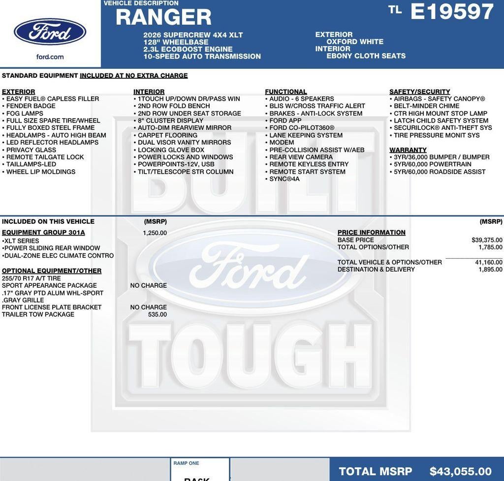 2026 Ford Ranger XLT 4WD SuperCrew 5' Box